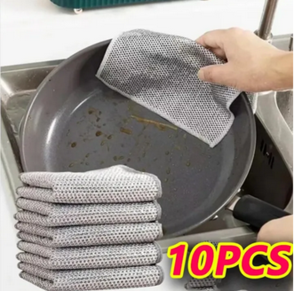 10pcs Magic Dishcloth Silver Wire Cleaning Kitchen Cloth Thickened Microfiber Wash Towel Built-in Sponge Steel Wire Ball Rag